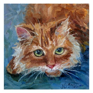 Peinture portrait de chat roux, oeuvre d'art originale, art de chat tigré orange, petite peinture à l'huile, cadeau pour décoration de chambre d'enfant, cadeau pour les amoureux des chats