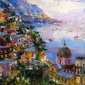 Evening Positano painting on canvas Original art, Cityscape impasto oil painting, Amalfi coast coastal painting, Gift for him
