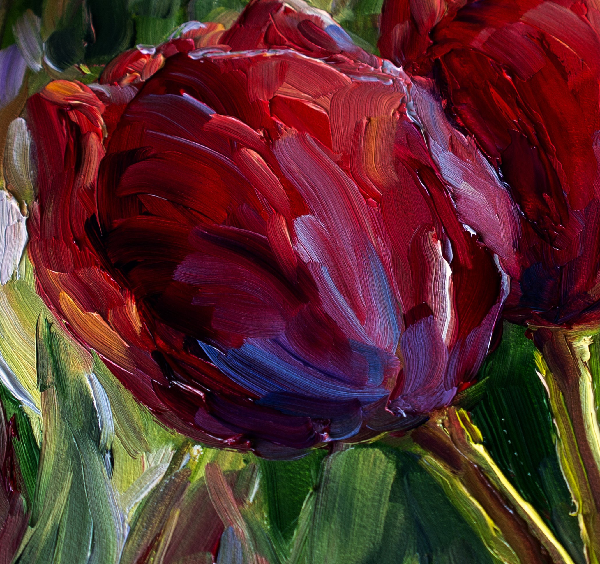 赤いチューリップの油絵：小さな印象派の花の芸術（8x8） - Etsy 日本