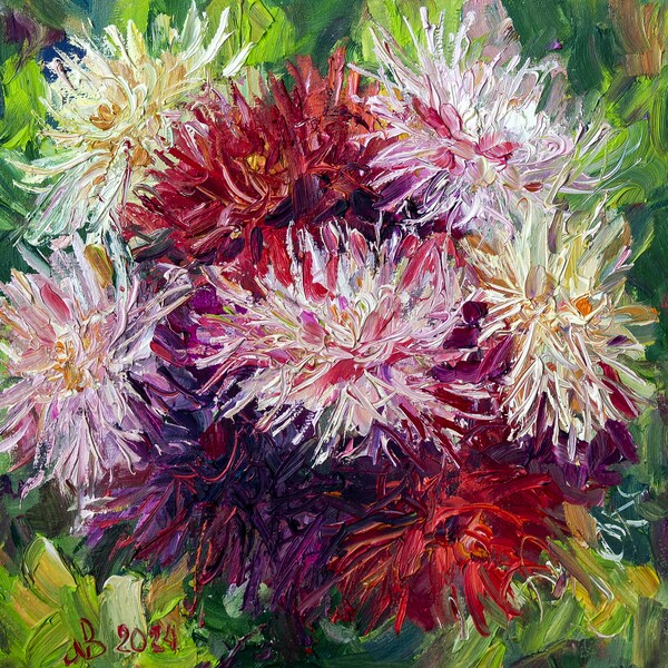 Asters painting flowers Original Art Impasto Oil Painting Small wall art 8x8, wall art set, Gift for her, Gift for mom