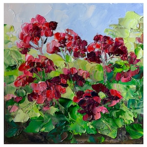 Geranium Painting Floral Original Art Impasto Oil Painting Small Impressionist Artwork 8x8in