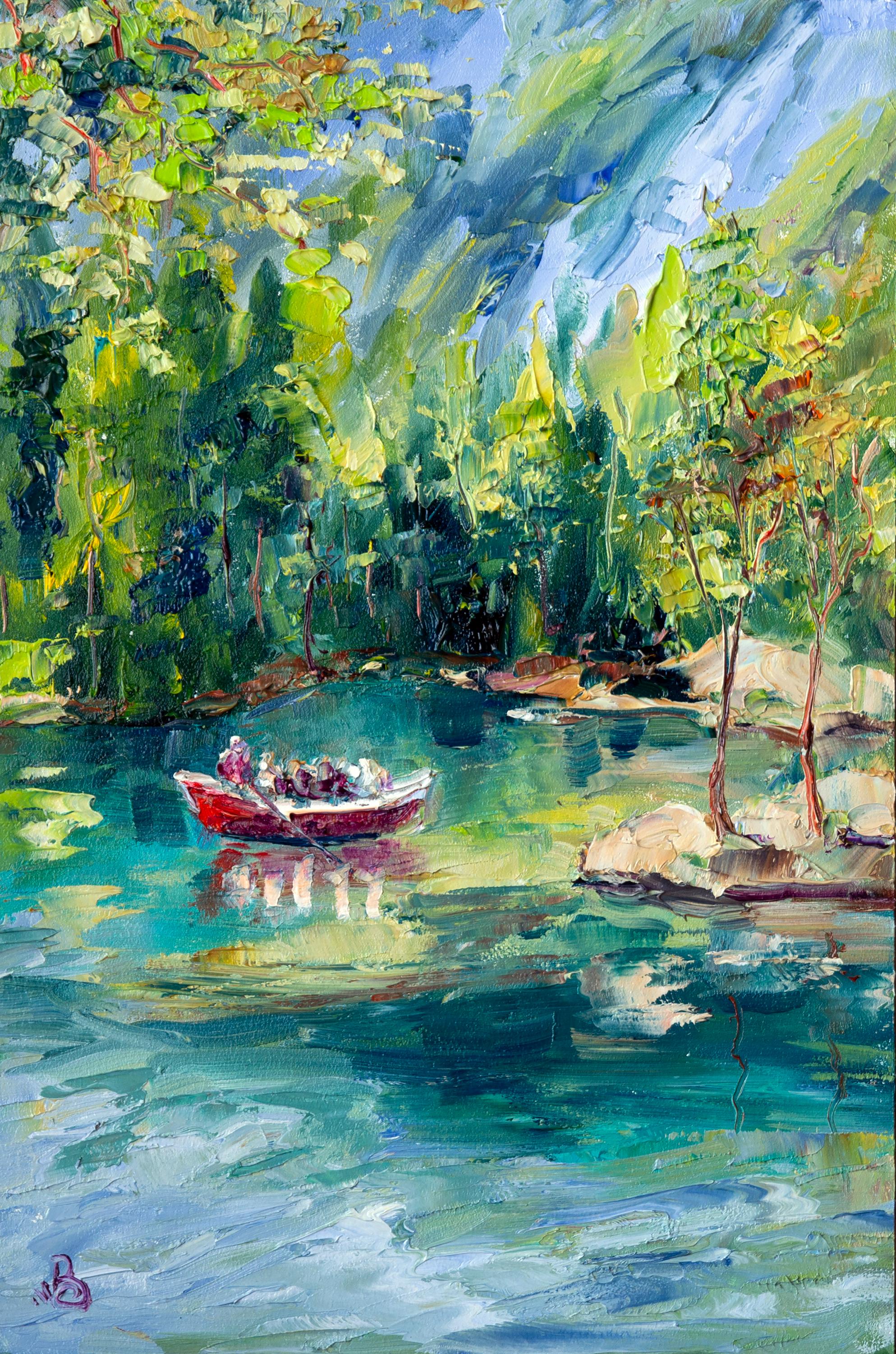 山の湖の絵画 スイスのオリジナルアート。印象派の絵画。BoNatArt