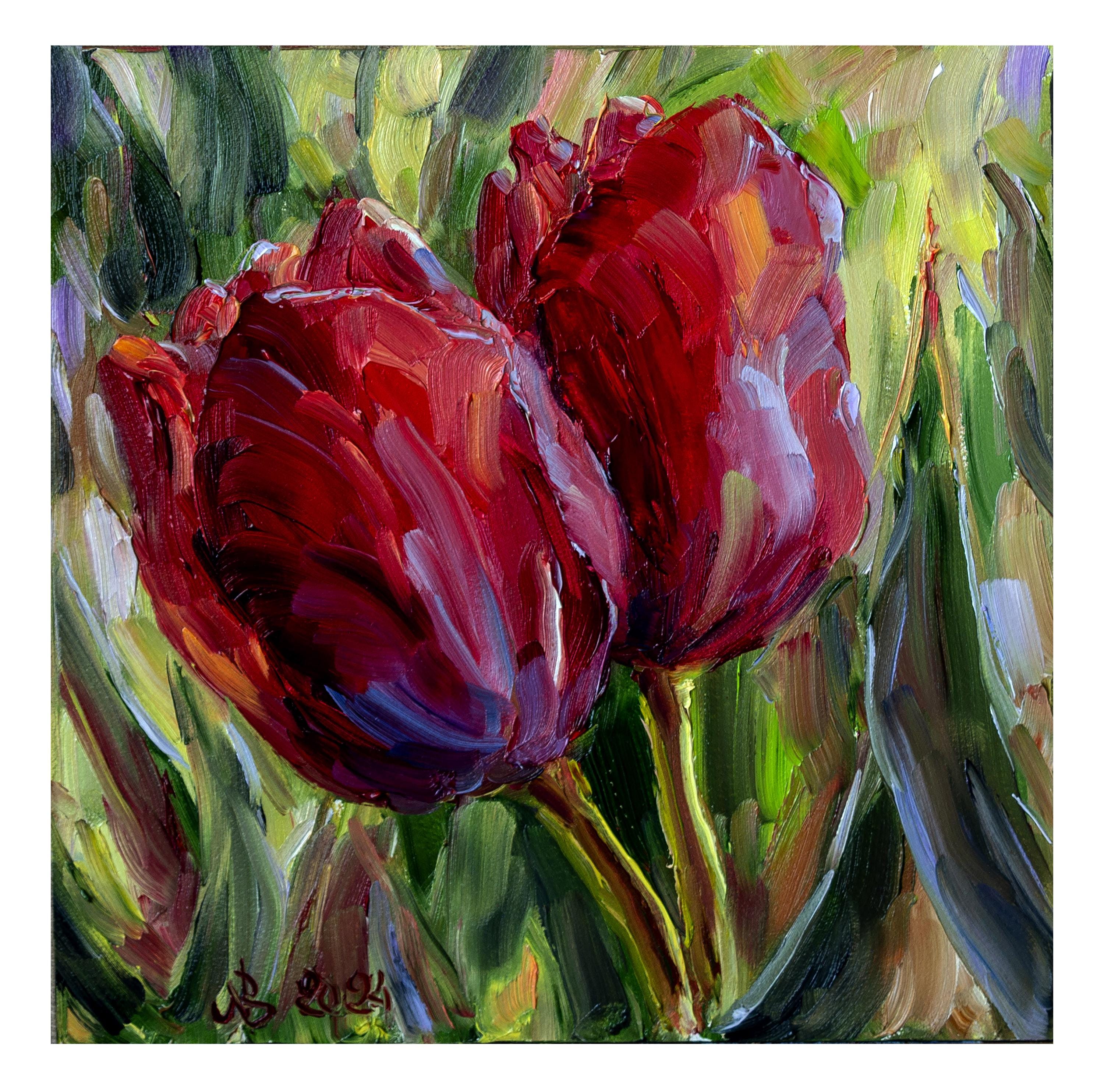 赤いチューリップ。油絵：印象派の小さな花（8x8） - Etsy 日本