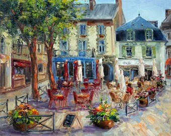 フランスのカフェ油絵 オリジナルパリカフェ絵画 キャンバス フランス