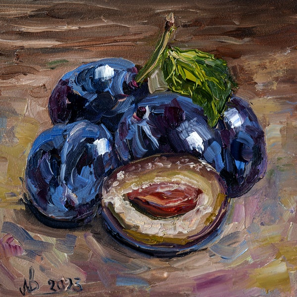 Peinture de prunes Art original, lmpasto Fruit Painting, Kitchen Small Painting, Gift for her