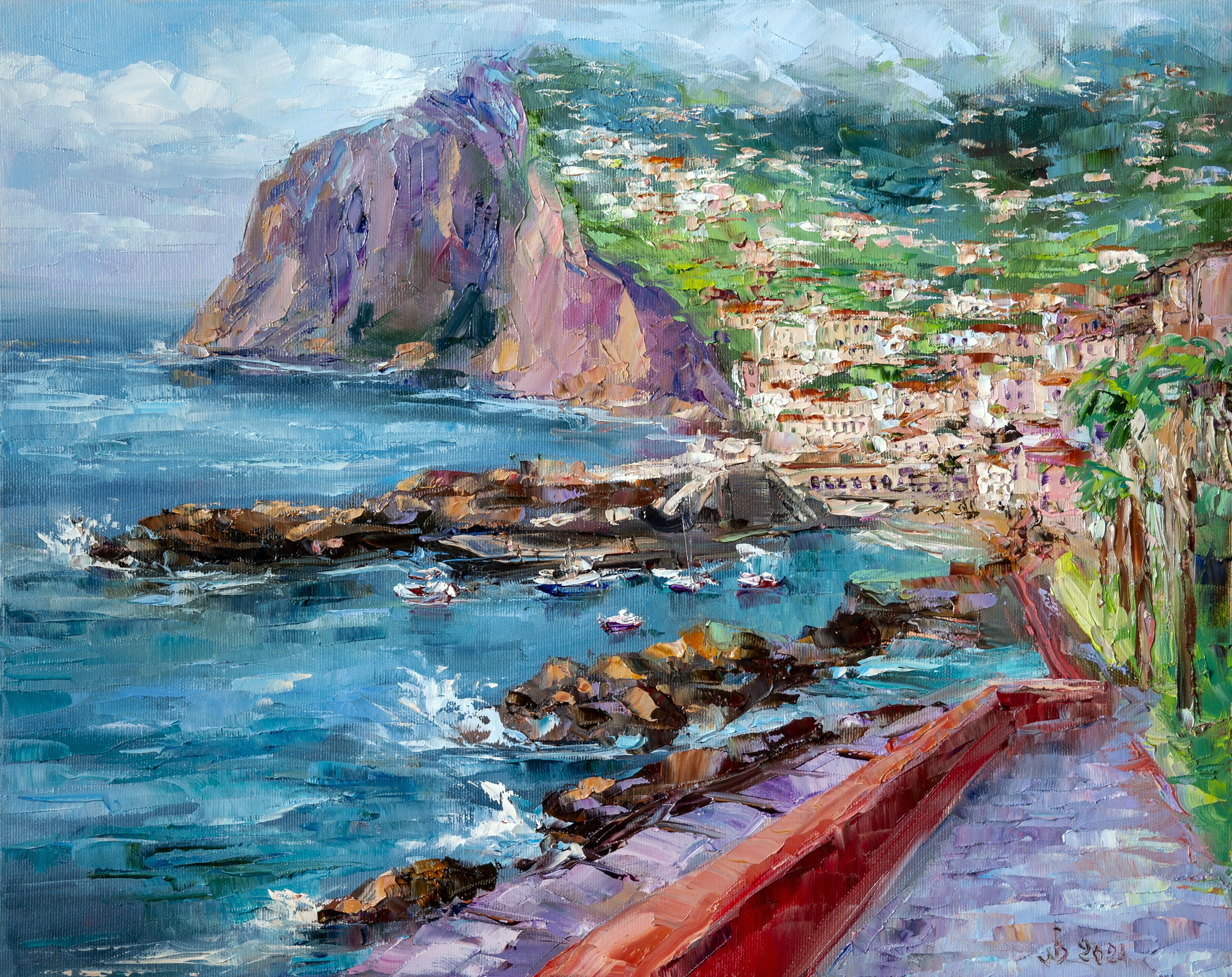 Madeira Painting: Coastal Seascape Impasto Painting, Original Oil