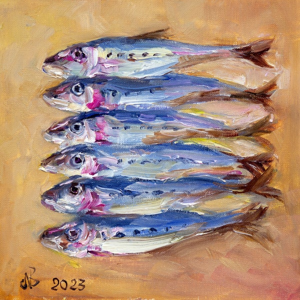 Sardines painting Original art, Seafood painting, Impasto painting food, Kitchen wall decor