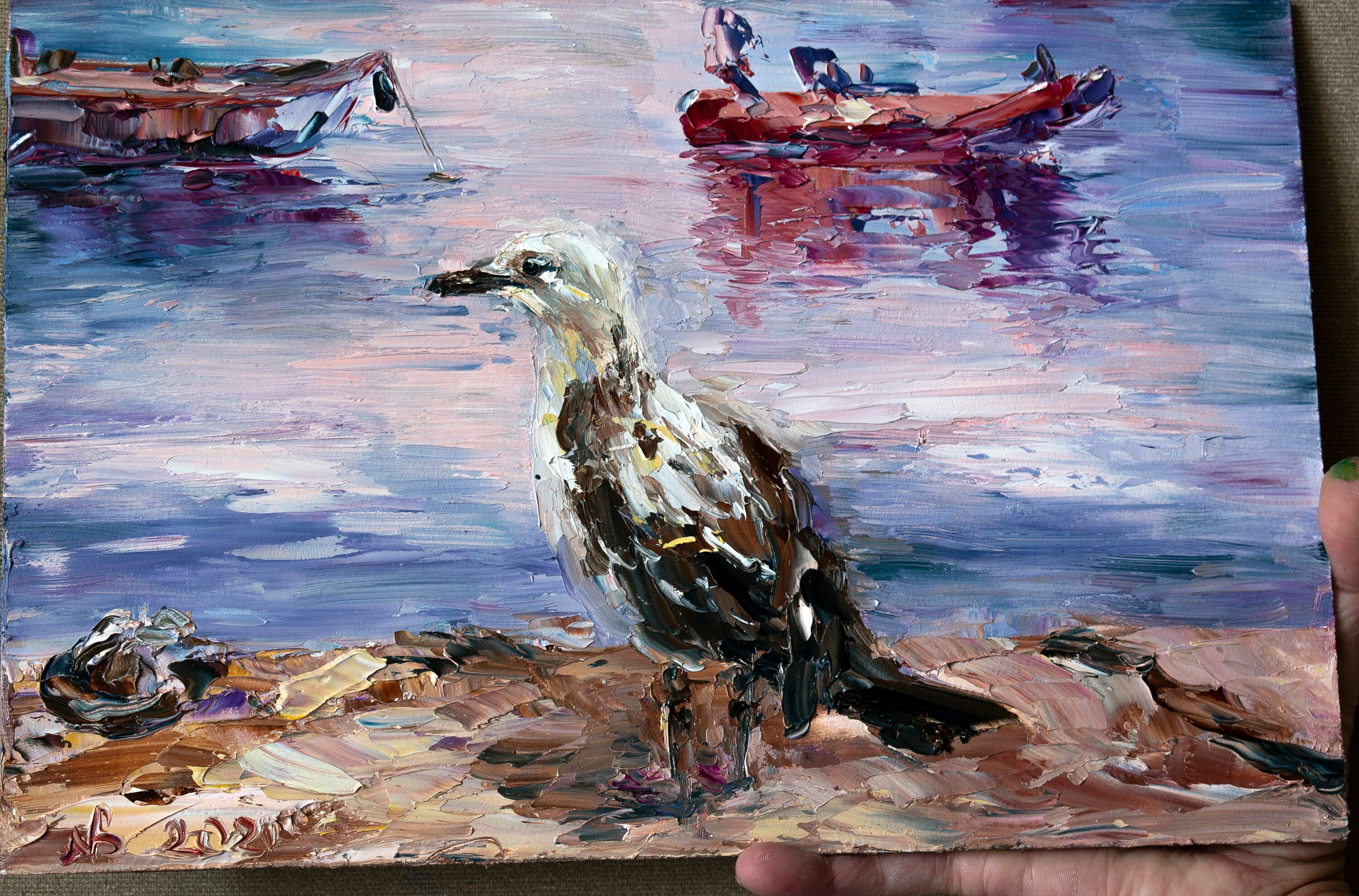 Seagull Painting Original Art, Impasto Oil Painting 8x12'', Gull Bird Wall  Art, Boats Wall Art, Gift for Him 