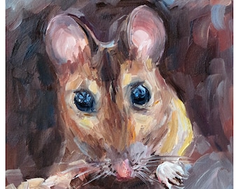 油絵　ネズミ 小さなネズミのオリジナル絵画、素敵なネズミの油絵、穴の中のネズミの