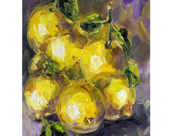 レモンの油絵：インパスト技法によるオリジナル静物画、8x12インチ