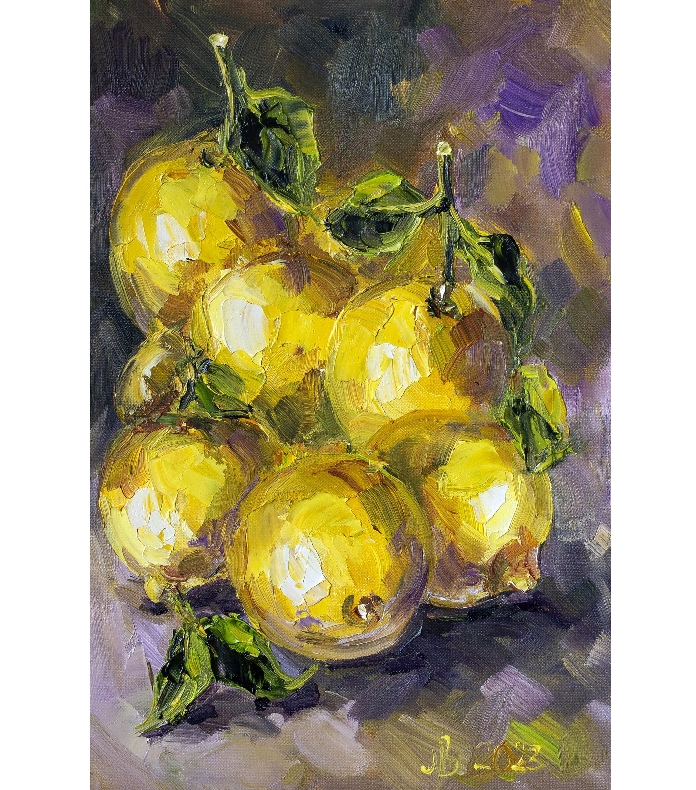 「レモンとティーカップ」 油彩風 静物画 額装 インテリア 絵画 #226-1 レモンの油絵：インパスト技法によるオリジナル静物画、8x12インチ