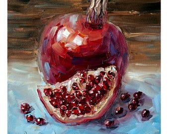 Pomegranate painting, original fruits wall art, small painting, impasto 8x8" by Bondareva Natalia