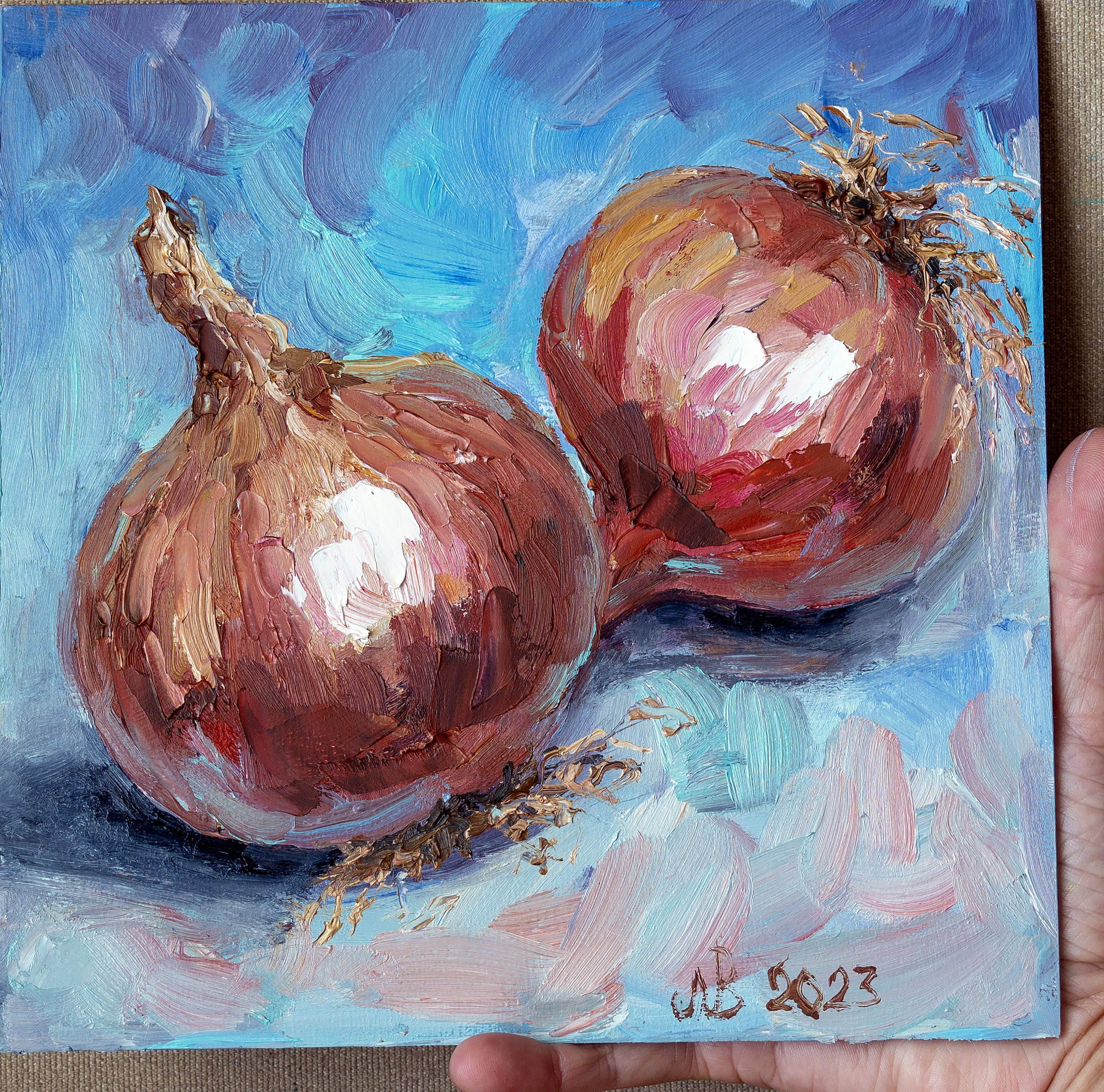オリジナル玉ねぎ油絵：小さなキッチン静物画（8x8インチ