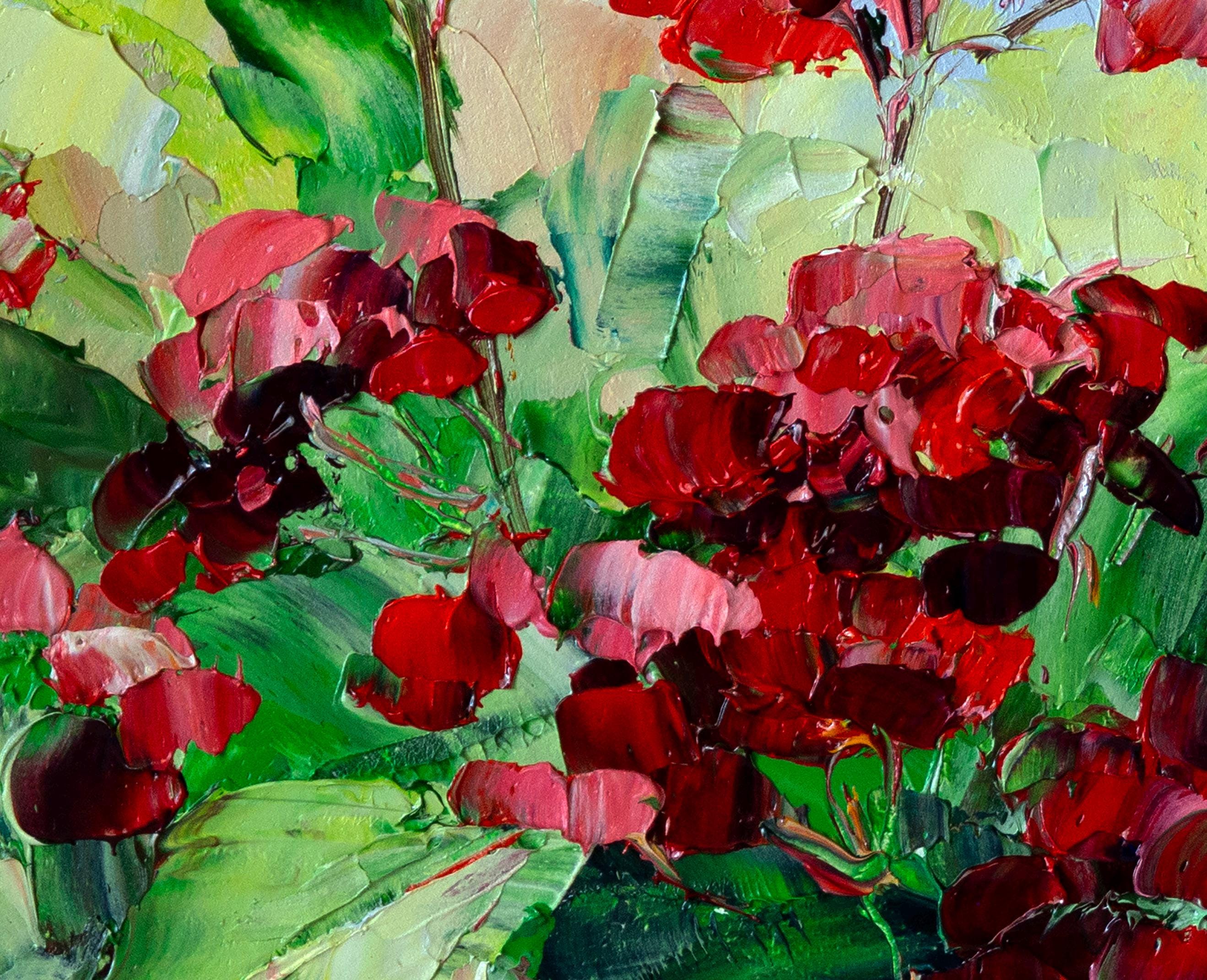 ゼラニウムの絵画、花、オリジナルアート、インパスト、油絵、小さな