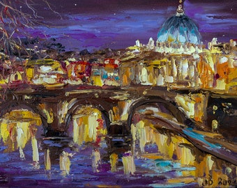 Peinture à l'huile de Rome, ville nocturne, oeuvre d'art originale, peinture du Vatican, peinture impressionniste, oeuvre de Bondareva Nataliia