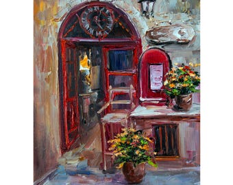 May include: Oil painting of a red arched doorway with a clock above. A small table with potted flowers sits outside the door. The painting has a textured, impressionistic style with warm colors.