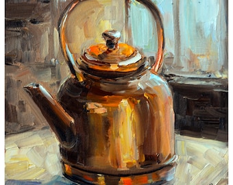 Copper Teapot Oil Painting Original Kitchen Wall Art (8x8)