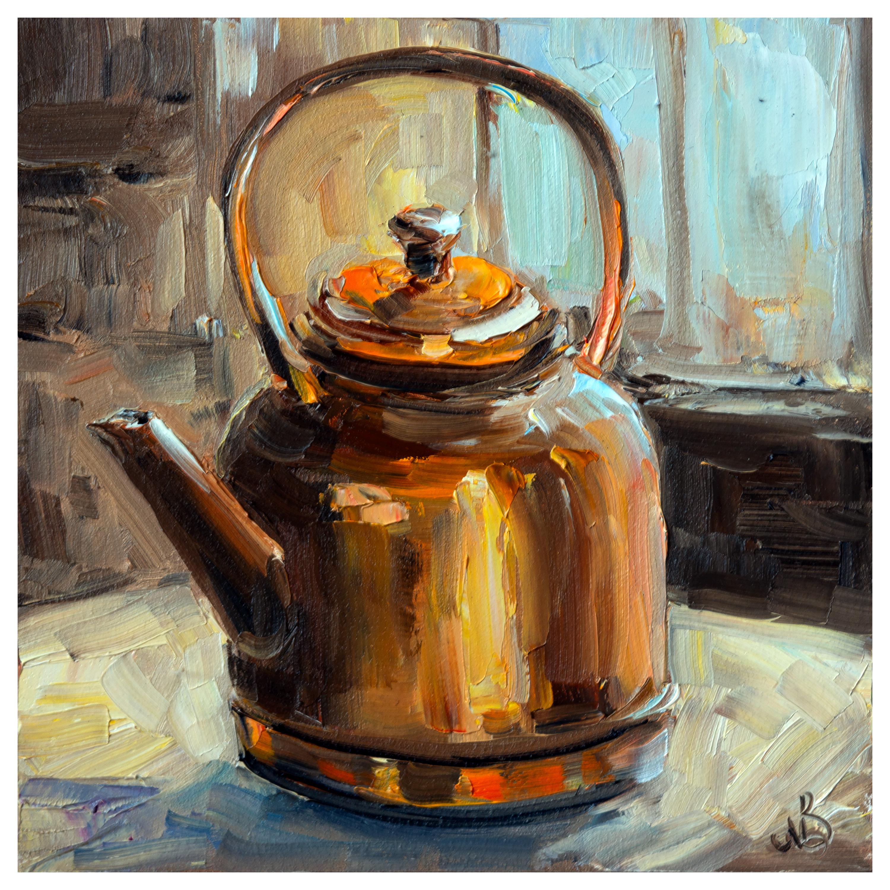 銅製ティーポットの油絵、キッチンの壁アート（8x8） - Etsy 日本