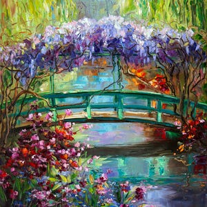 Bridge in Monet&#39;s garden painting on canvas, France Original art, Impressionist painting, artwork by Bondareva Nataliia