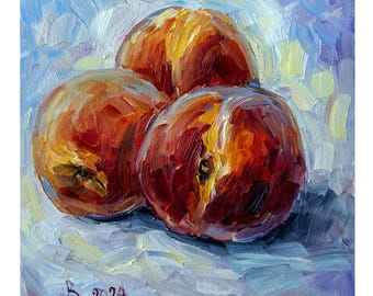 Persikor Original oljemålning litet stilleben, 8x8