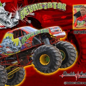 May include: A red, yellow, and blue monster truck with the word "DEVASTATOR" in green. The truck features a rhino graphic and large black tires with yellow rims. A photo of a man in a red shirt is in the upper right corner.