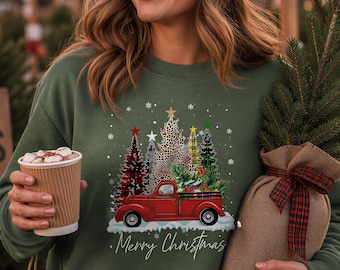 Christmas Truck Sweatshirt: Festive Xmas Tree Long Sleeve