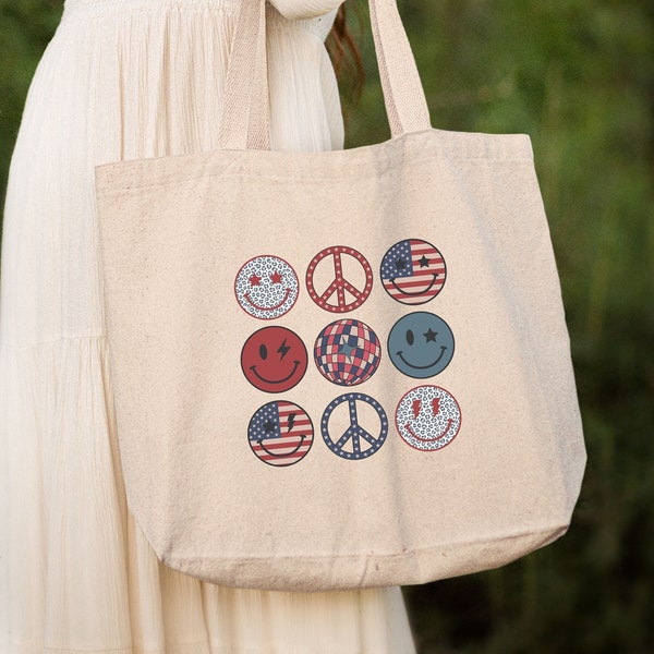 4th of July Tote Bag, American Flag Smiley Face Tote Bag, American Freedom Totes, Happy 4th of July, Red White and Blue, Women Shoulder Bag
