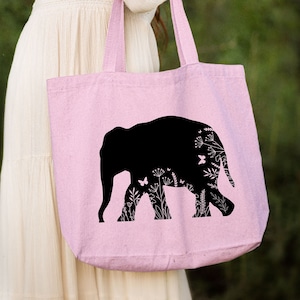 Floral Elephant Tote Bag, Elephant Lovers Tote Bag, Elephant Flowers Totes, Animal Lovers Gift, Wildlife Animal Gift, Women Shoulder Bag
