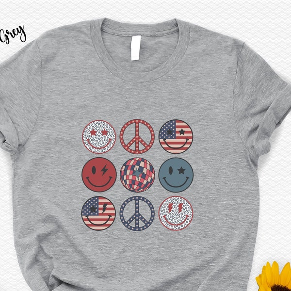 4th of July Shirt, American Flag Smiley Face T-Shirt, American Freedom Tee,Happy 4th of July Tshirt,Red White and Blue Tshirt,Patriotic Gift
