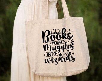 Books Turn Muggles Into Wizards Tote Bag,Book Lover Gift,School Student Teacher Canvas Tote Bag,Librarian Book Nerd Gift,Funny Tote Bag