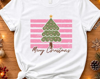 Merry Christmas Tree Shirt, Polka Dot Xmas Tree Gift, Striped Holiday Women Tee
