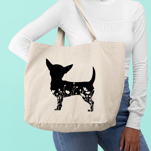 Floral Chihuahua Tote Bag, Cute Pet Tote Bag, Unique Gift for Dog Lovers, Chihuahua Dog Tote Bag, Dog Owner Tote Bag, Canvas Tote Bag