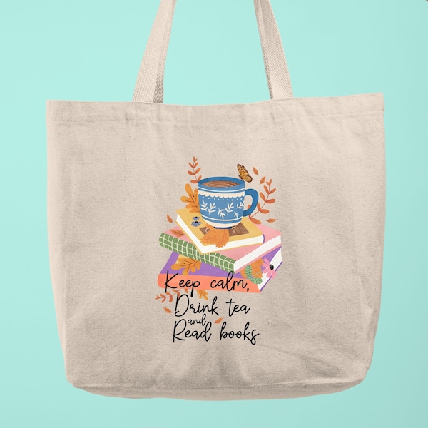 Keep Calm Drink Tea And Read Books Tote Bag, Tea Lovers Tote Bag, Unique Gifts for Book Lovers, Teacher Tote Bag, School Bag, Shoulder Bag