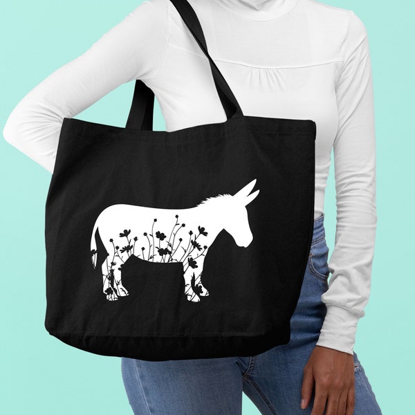 Floral Donkey Tote Bag,Cottagecore Gift,Farm Animal Tote Bag,Eco Friendly Grocery Bag,Farm Girl Gift,Canvas Shoulder Bag,Aesthetic Tote Bag