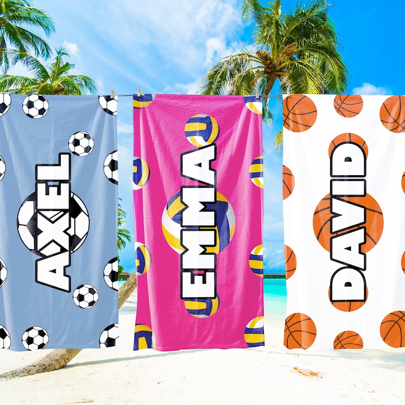 Sports Beach Towel, Custom Ball Beach Towel, Kids Beach Towel, Summer Season Gift, Sea Holiday, Boys Camping Towel Gift, Beach Accessories