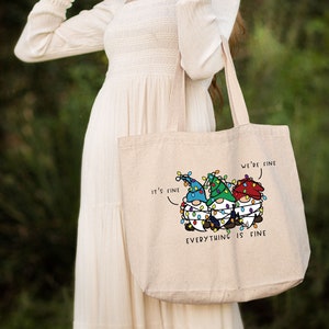 It’s Fine We’re Fine Everything Is Fine Tote Bag,Mothers Day Tote Bag,Sarcastic Quote,Funny Gnome Gift,Canvas Aesthetic Tote Shoulder Bag