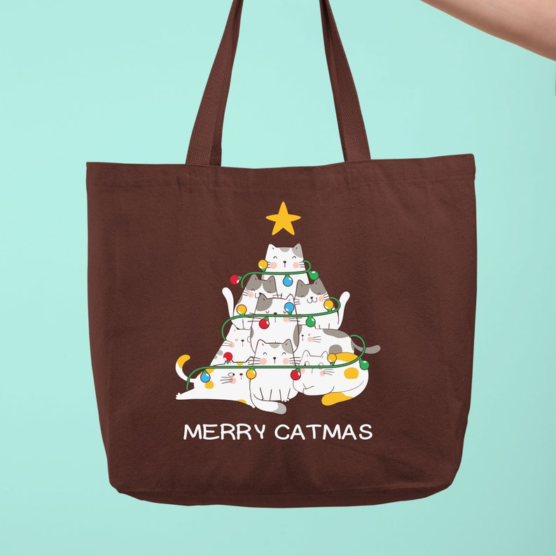 Merry Catmas Tote Bag, Christmas Cat Tote Bag, Christmas Cat Tree Totes