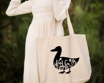 Floral Duck Canvas Tote Bag: Animal Lover Gift
