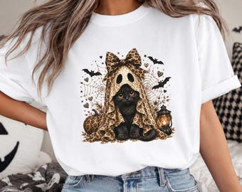 Halloween Black Cat Shirt, Leopard Bow Ghost Kitty Tee, Spooky Season Women Gift