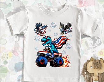 T-shirt enfant pour le 4 juillet : T-shirt Monster Truck dinosaure américain