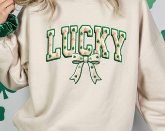 Faux Yarn Crochet Lucky Sweatshirt: Retro Saint Patricks day Crewneck