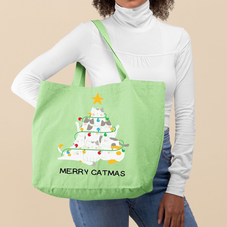 Merry Catmas Tote Bag, Christmas Cat Tote Bag, Christmas Cat Tree Totes