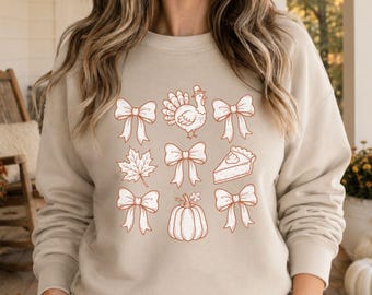 Coquette Thanksgiving Sweatshirt, Cozy Fall Dinner Outfit, Turkey Bow Crewneck