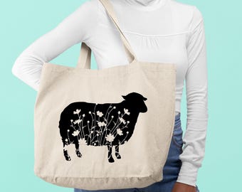 Bolsa de lona con diseño de ovejas y flores: bolsa ecológica para el mercado agrícola.