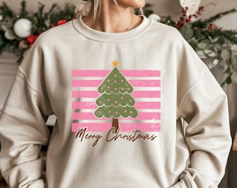 Striped Christmas Tree Sweatshirt, Polka Dot Xmas Holiday Crewneck, Festive Winter Season Shirt