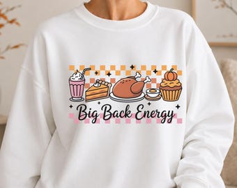 Big Back Energy Sweatshirt, Retro Checkered Turkey Crewneck, Thanksgiving Dinner Long Sleeve Shirt