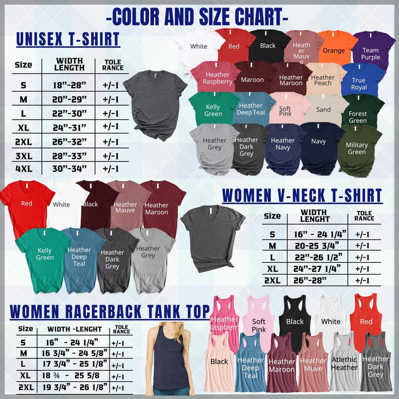 a women's tank top size chart with different colors and sizes