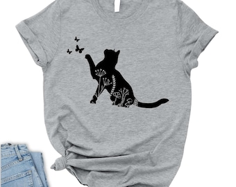 Floral Cat & Butterfly Shirt: Animal Lover Tee