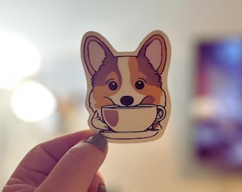 Corgi Coffee Vinyl Sticker - Laptop, Water Bottle Decal