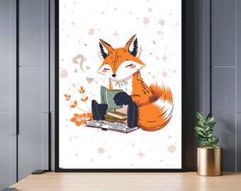 Fox Coffee & Book Lover Art Print: Whimsical Fantasy Gift (8x10, Framed Option)